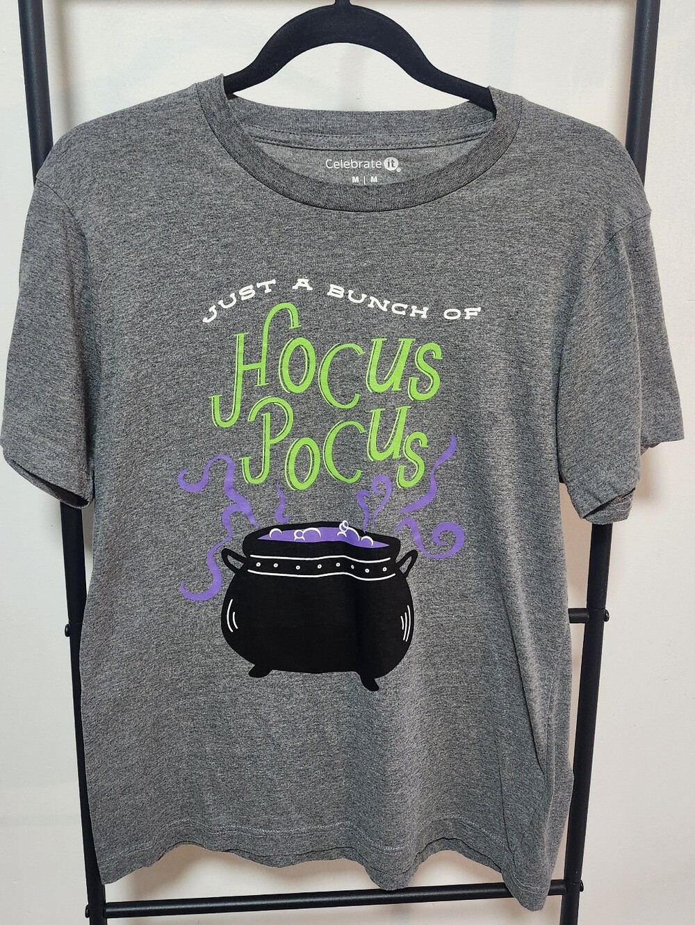 Celebrate It Grey Tee with Neon Green & Purple 'Hocus Pocus' Design